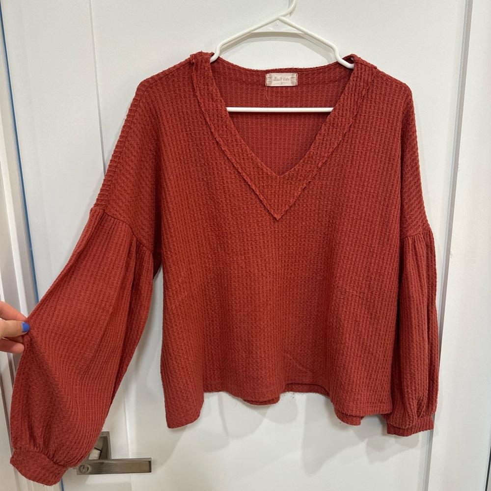 Altar’d State V-Neck Waffle Knit Balloon Sleeve Top